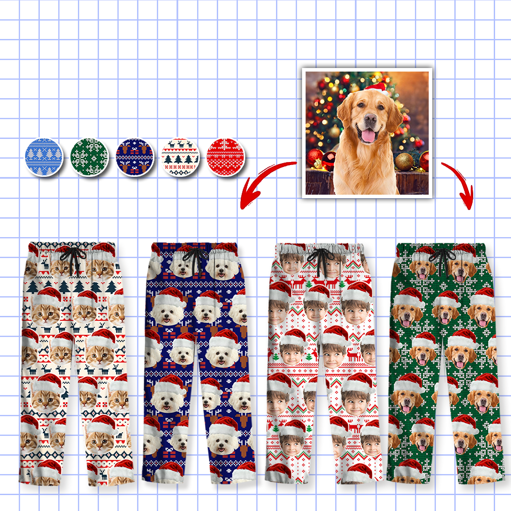 Custom Photo Christmas Cat Pajamas - Human - Dog & Cat Personalized Custom Face Photo Pajama Set