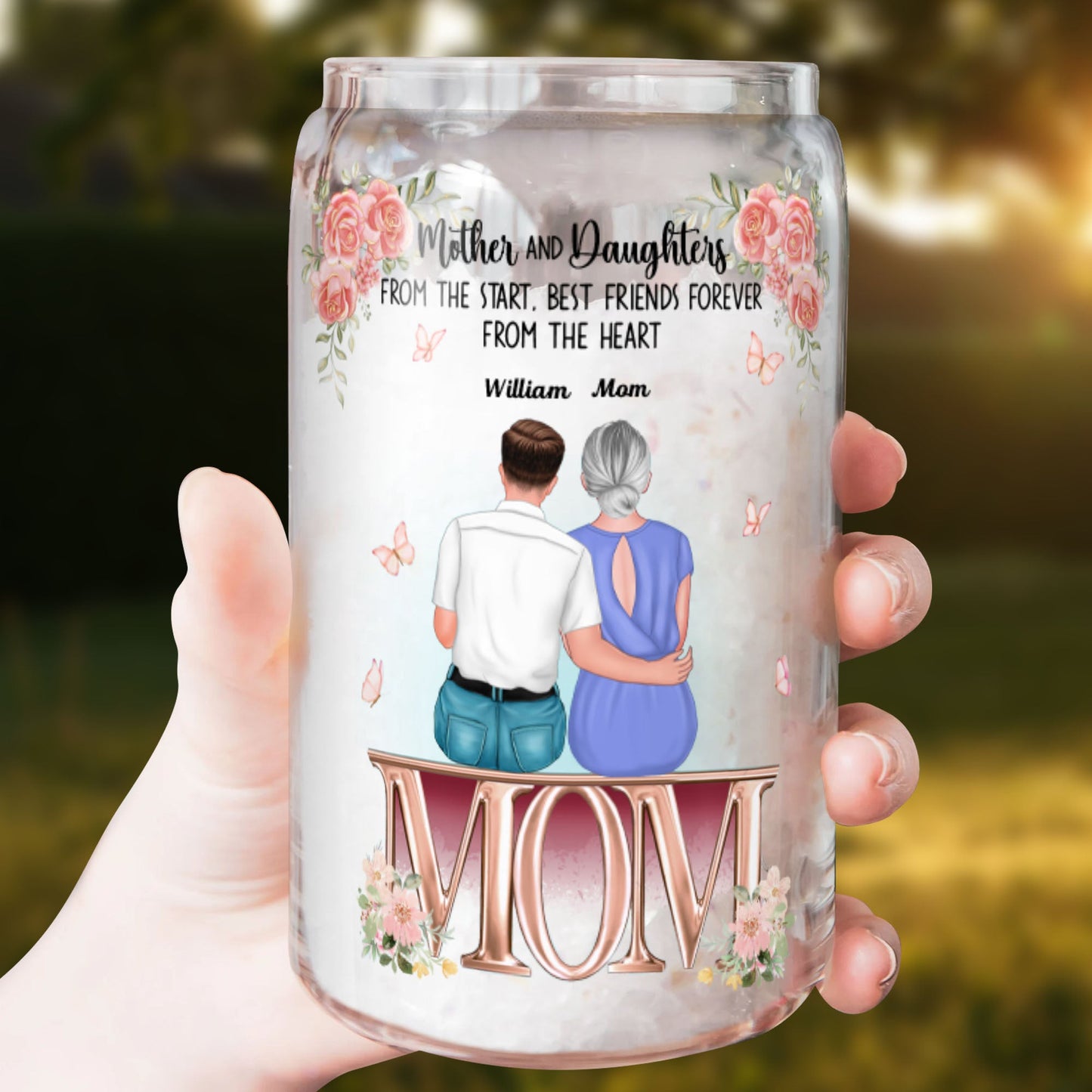 Mother and Daughter Glass Bottle/Frosted Bottle With Lid & Straw - Personalized Glass Bottle