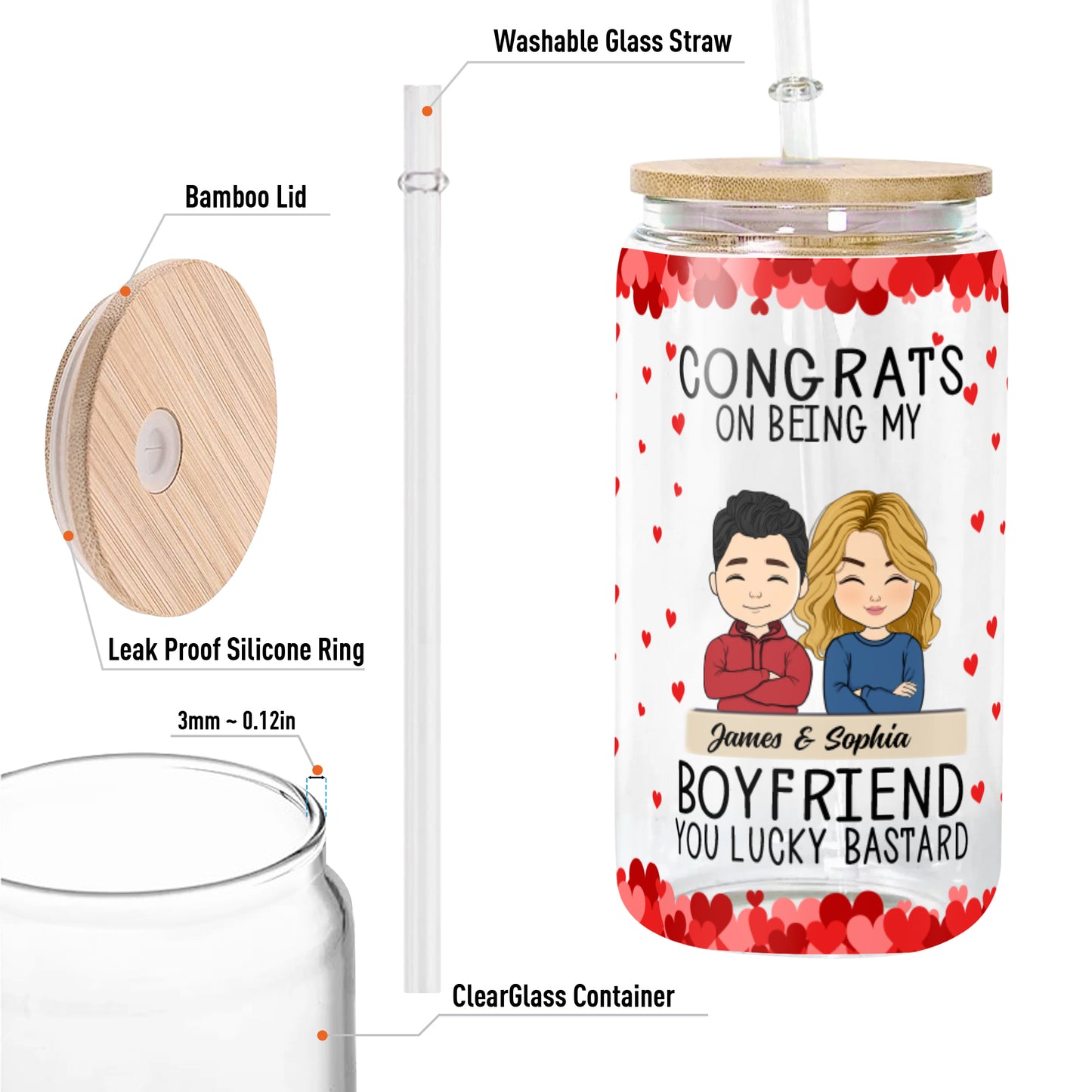 Congrats On Being My Boyfriend Glass Bottle/Frosted Bottle With Lid & Straw - Personalized Glass Bottle