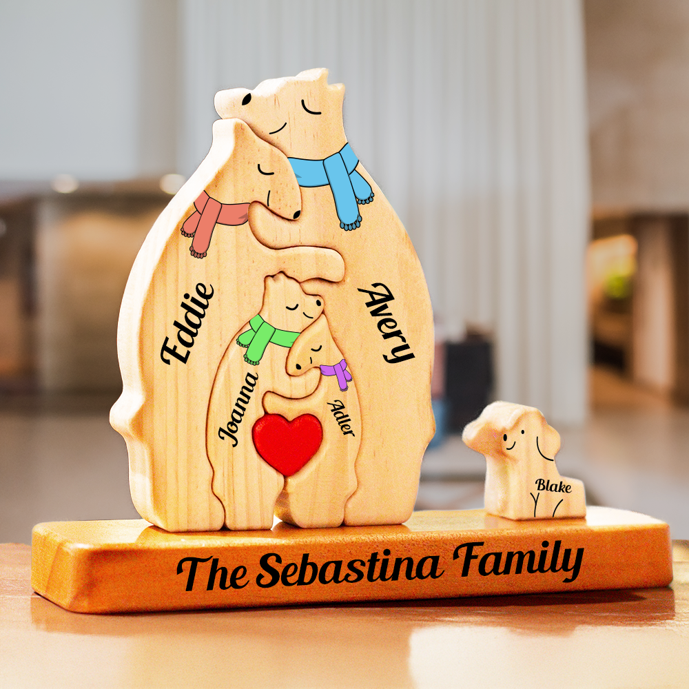 Color Scarf Style Personalized Wooden Bear Family Puzzle, Wooden Bear With Scarf, Christmas Family Keepsake Gifts