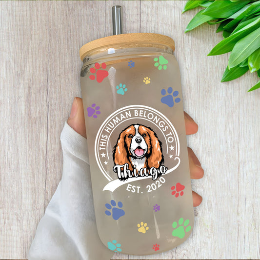 Glasflasche mit Aufschrift „This Human Belongs to Dog Cat“, mattierte Flasche mit Deckel und Strohhalm, Geschenk für Tierliebhaber – personalisierte Glasflasche