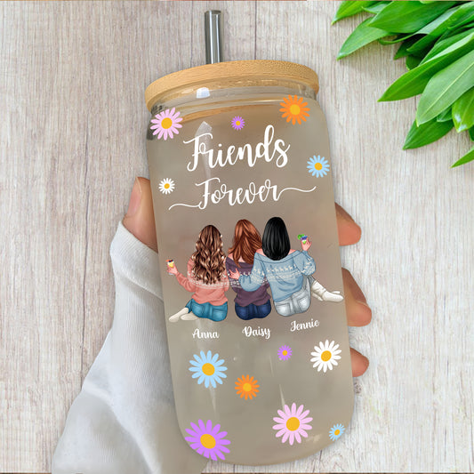 Friends Forever Glasflasche/Mattierte Flasche mit Deckel und Strohhalm - personalisierte Glasflasche