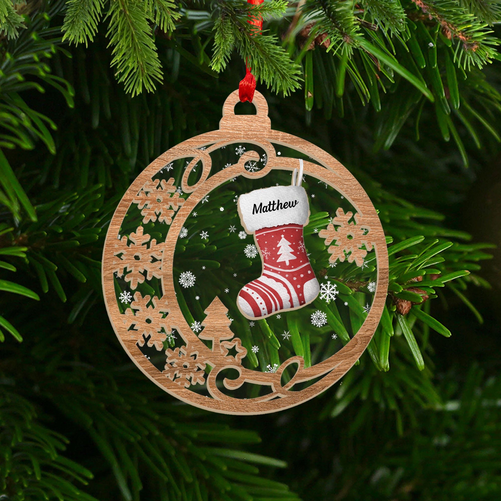 Stocking Holiday Christmas Ornament - Custom Shape Wood and Acrylic Ornament