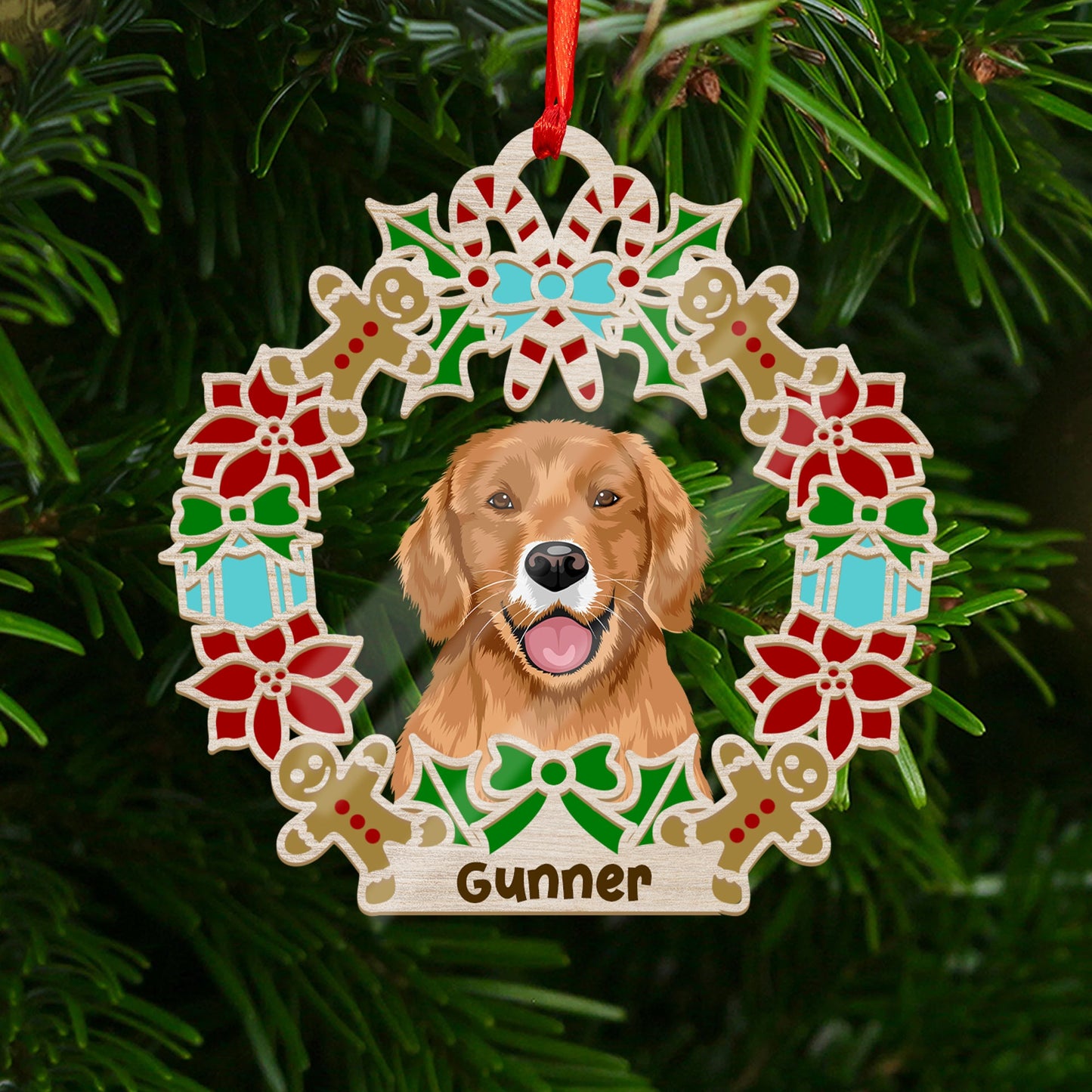 Wreath and Dog Holiday Christmas Ornament - Custom Shape Wood and Acrylic Ornament