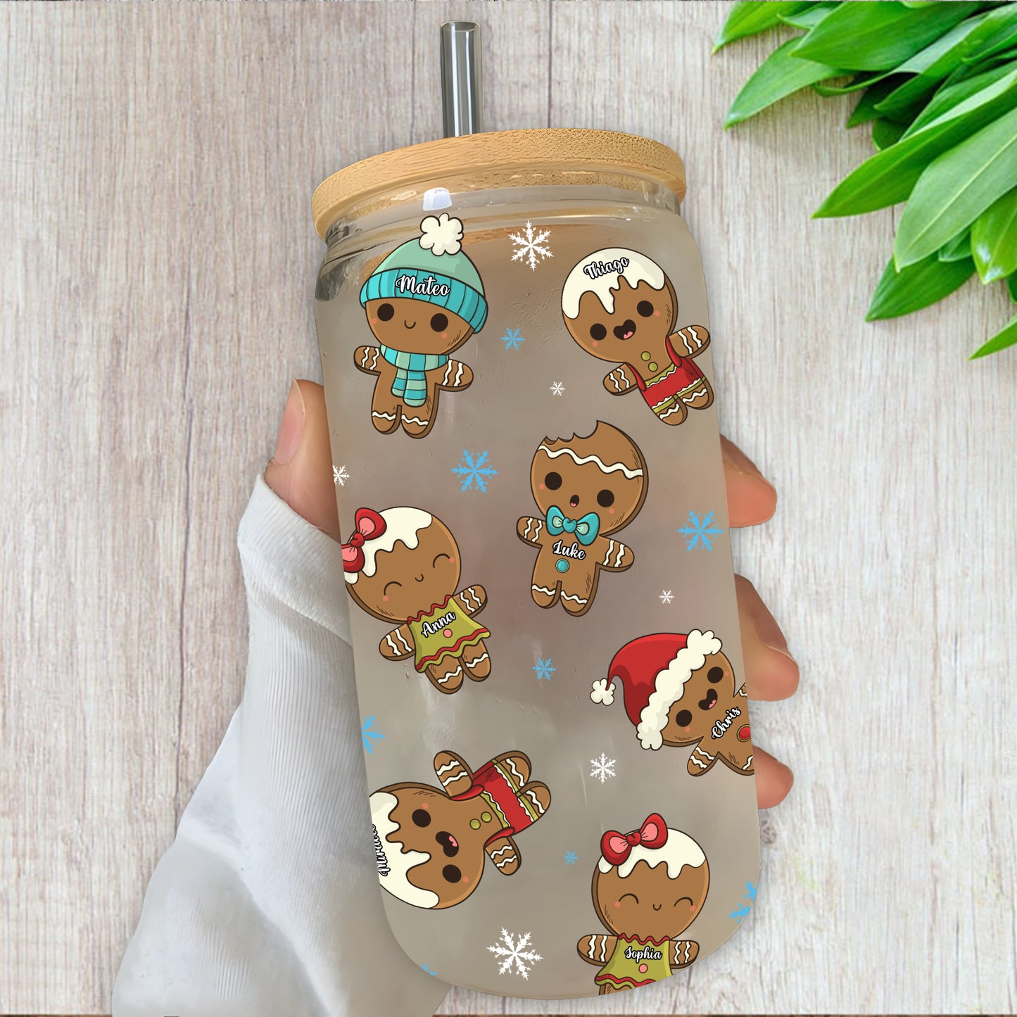 Family Cookie Christmas Bottle/Frosted Bottle With Lid & Straw - Personalized Glass Bottle