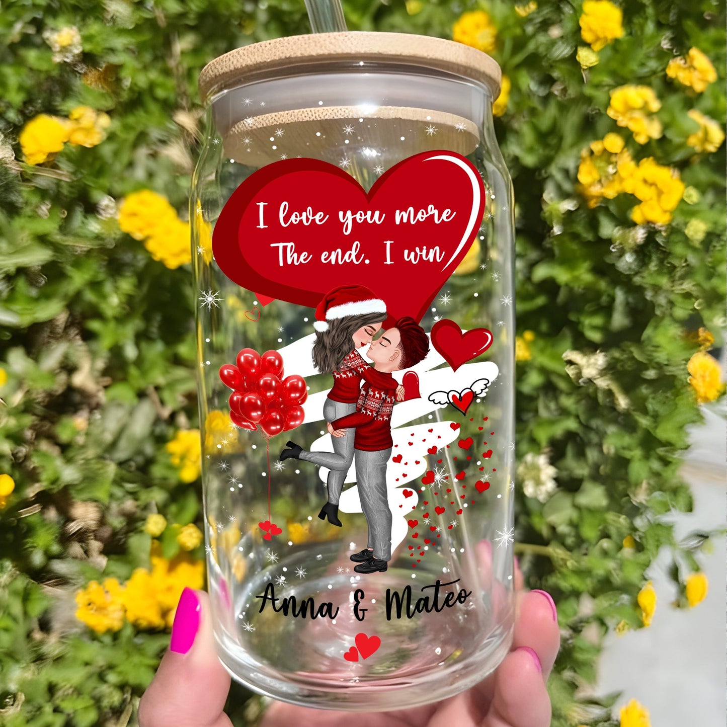 Weihnachtsflasche „I Love You More“/Mattierte Flasche mit Deckel und Strohhalm – personalisierte Glasflasche