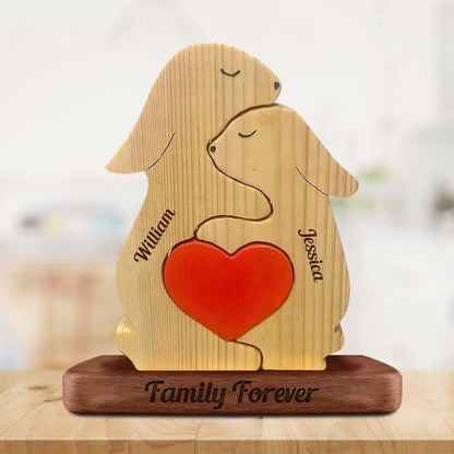 Personalized Rabbits With Hearts Wooden Family - Puzzle Wooden Family - Wooden Pet Carvings