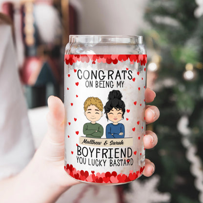 Glasflasche mit der Aufschrift „Congrats On Being My Boyfriend“/Mattierte Flasche mit Deckel und Strohhalm – personalisierte Glasflasche