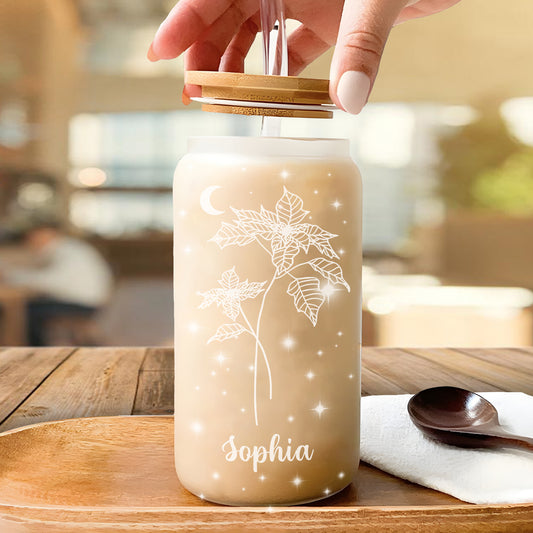 Birth Flower Christmas Bottle/Frosted Bottle With Lid & Straw - Personalized Glass Bottle