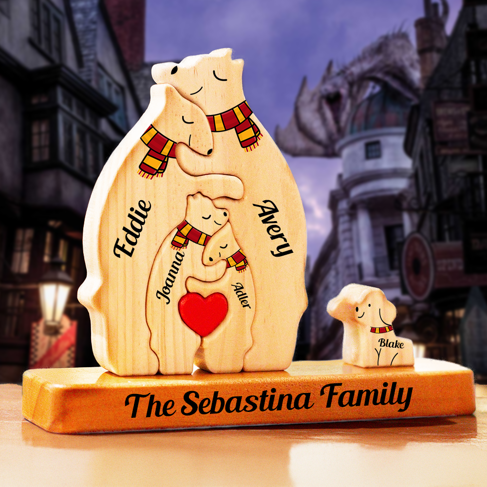 Color Scarf Personalized Wooden Bear Family Puzzle, Wooden Bear With Scarf, Christmas Family Keepsake Gifts