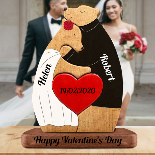 Anniversary Personalized Wooden Bears Couple with Clothes- Puzzle Wooden Bears Family - Wooden Pet Carvings