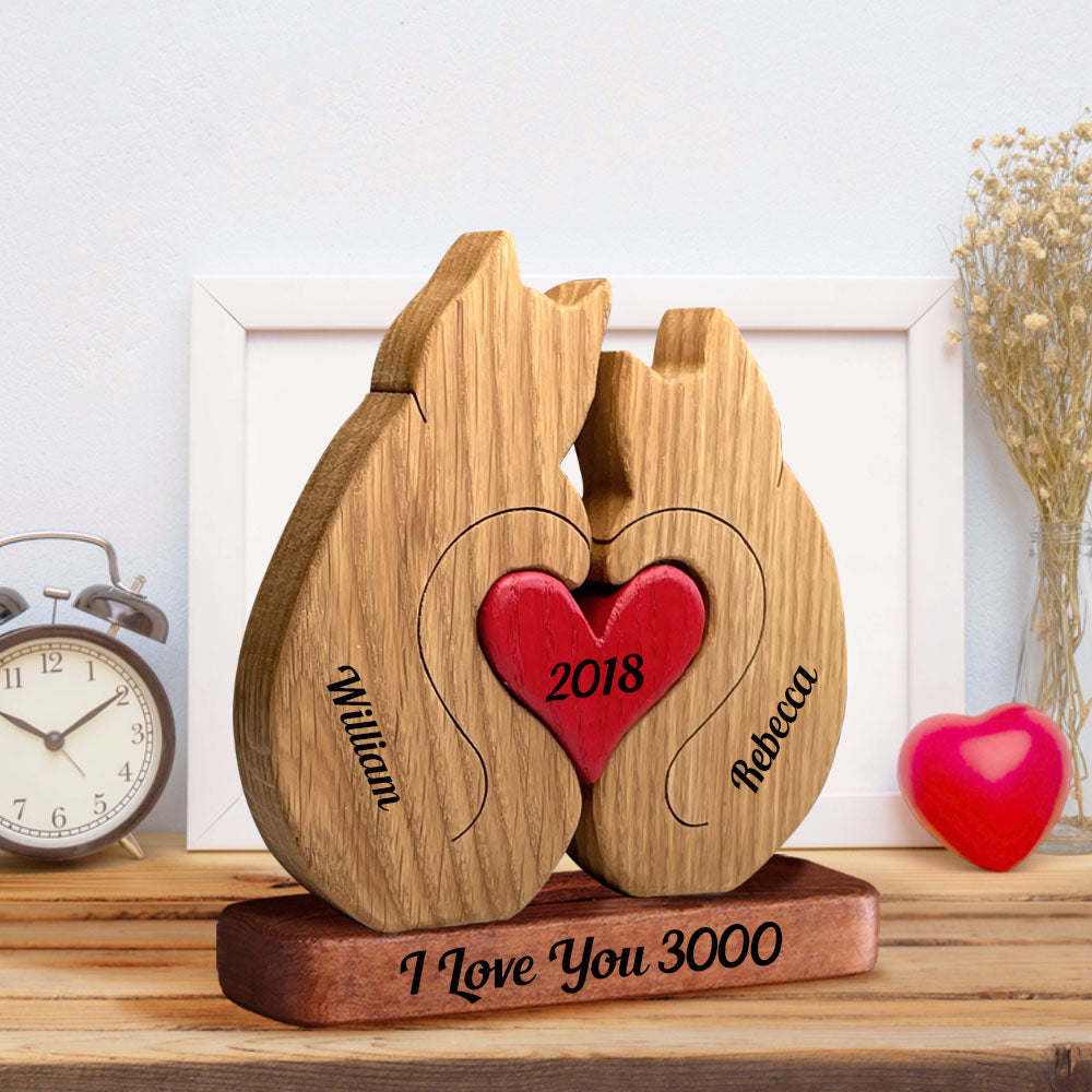 Couple Cats Together Personalized Wooden Couple - Puzzle Wooden Bears Family - Wooden Pet Carvings