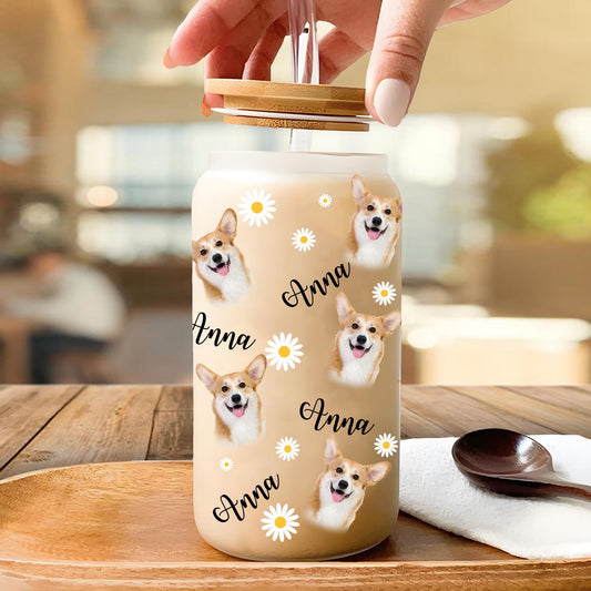 Glasflasche mit Sonnenblumen-Upload, Gesicht, Hund, Katze, mattierte Flasche mit Deckel und Strohhalm, Geschenk für Haustierliebhaber – personalisierte Glasflasche