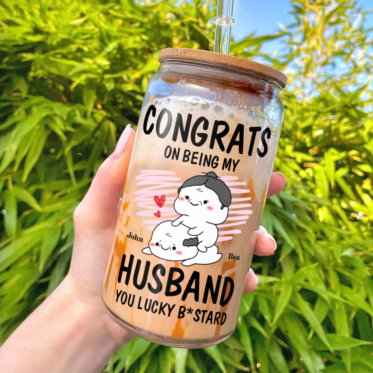 Congrats On Being My Husband Anniversary Gift For Couple Glass Bottle/Frosted Bottle With Lid & Straw - Personalized Glass Bottle