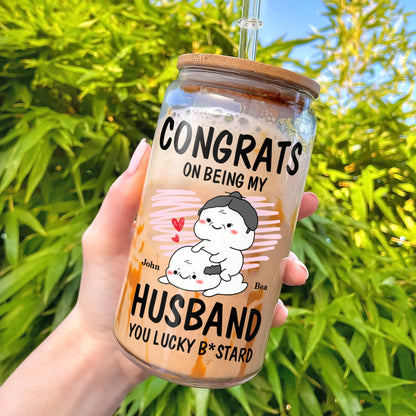 Congrats On Being My Husband Anniversary Gift For Couple Glass Bottle/Frosted Bottle With Lid & Straw - Personalized Glass Bottle