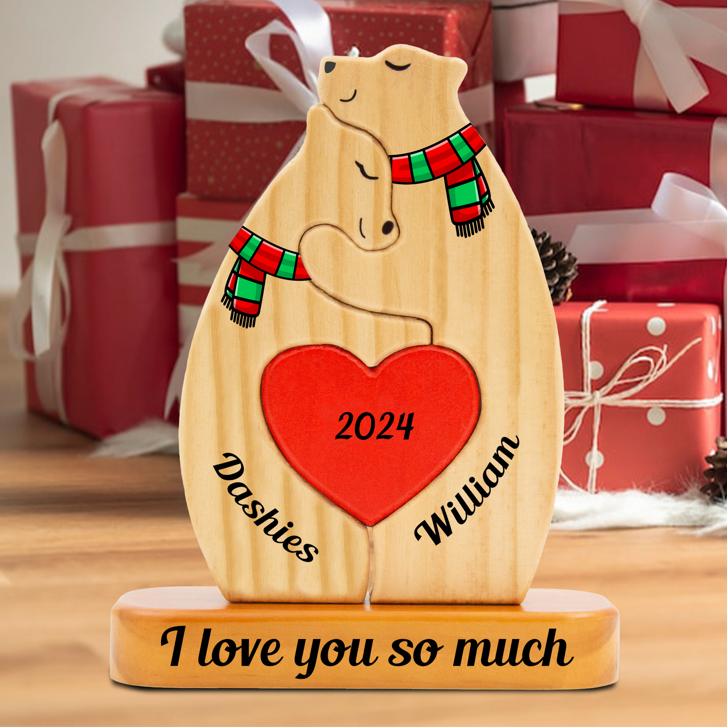 Personalized Wooden Bear Family Puzzle, Wooden Bear With Scarf, Christmas Family Keepsake Gifts