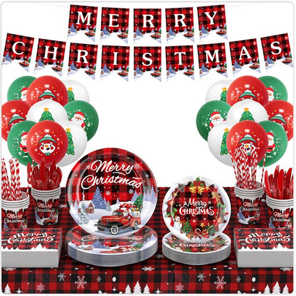 Christmas Plates and Napkins Set, Disposable Paper Plate Sets with Flag Tablecloth Balloon for Merry Christmas Party Supplies Serve 16