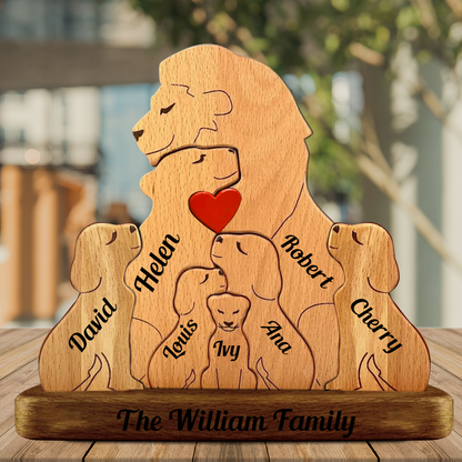 Personalisierte Löwenfamilie aus Holz - Puzzle Holzfamilie - Holzschnitzereien für Haustiere