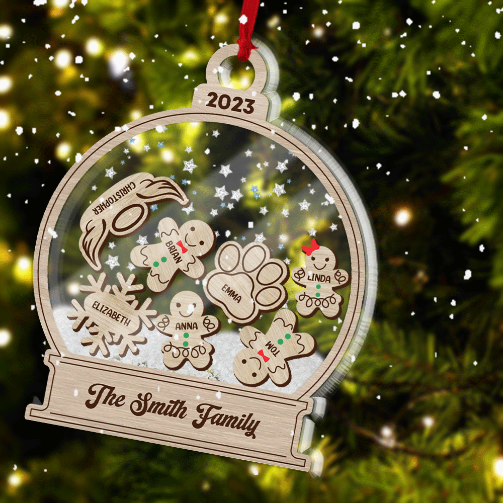 Snowball With Gingerbread And Snowflake Family Gift - Custom Glitter Shaker Ornament