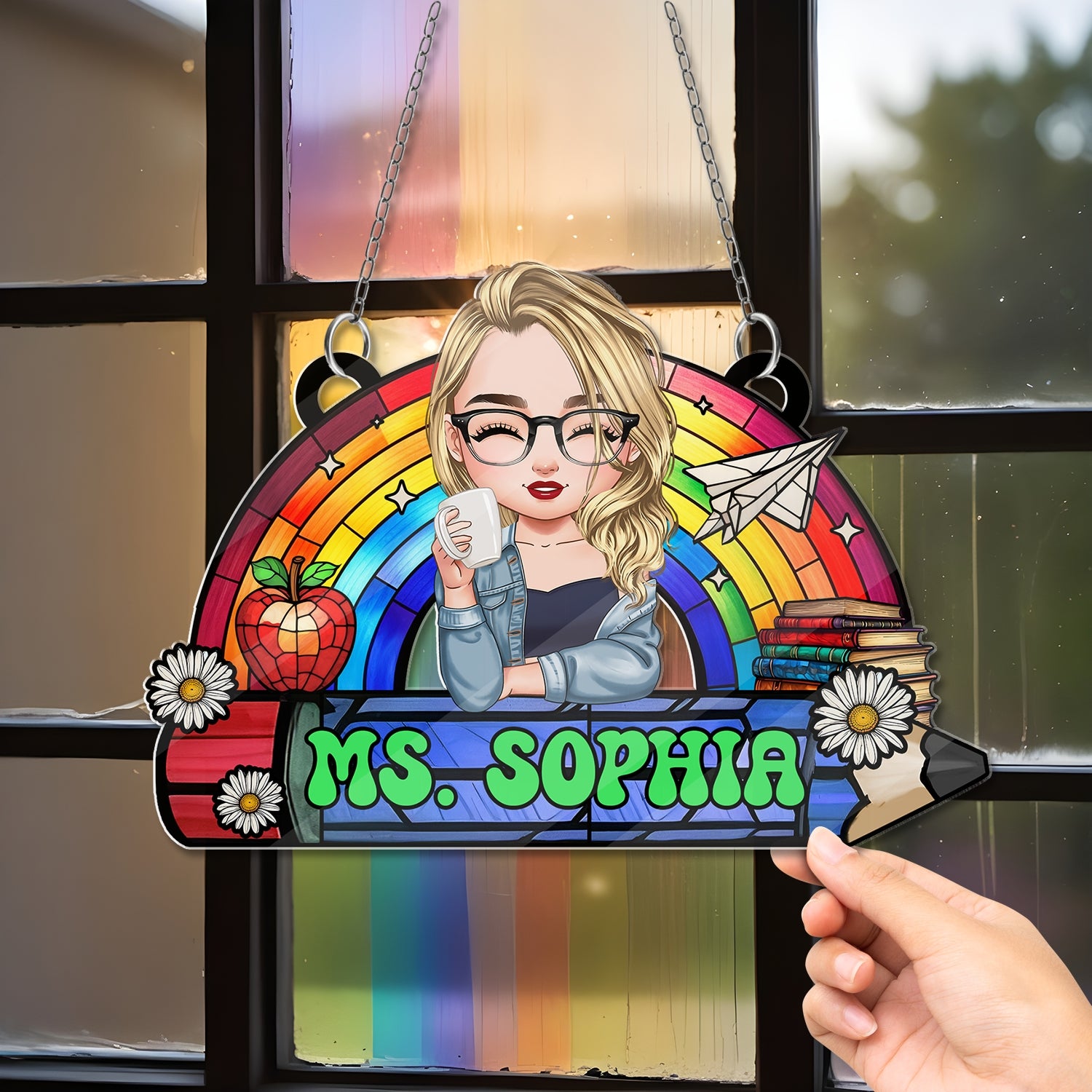 Teacher Rainbow Retro Suncatcher Ornament - Hanging Door Acrylic - Personalized Custom Shape Window Hanging Acrylic