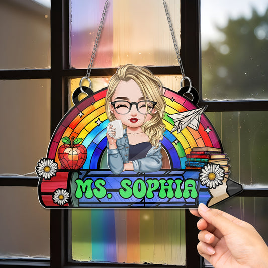 Teacher Rainbow Retro Suncatcher Ornament - Hanging Door Acrylic - Personalized Custom Shape Window Hanging Acrylic