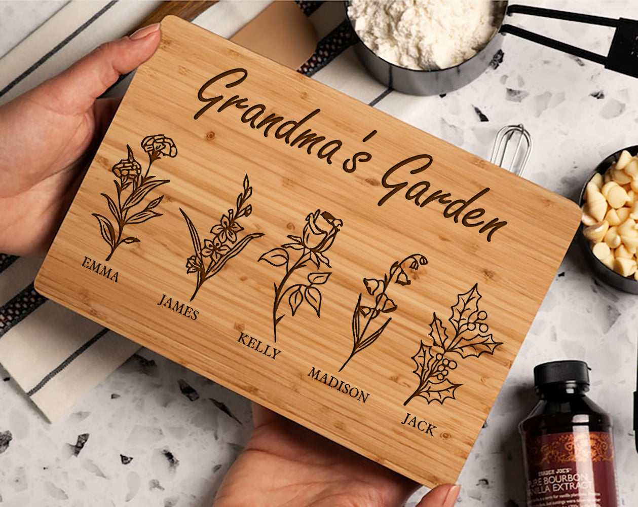 Personalized Gifts for Mom, Personalized Cutting Board, Birth Flower Mom Gifts from Daughter, Mama's Kitchen Grandmas Garden w/ Names