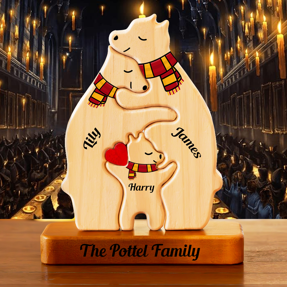 Color Scarf Personalized Wooden Bear Family Puzzle, Wooden Bear With Scarf, Christmas Family Keepsake Gifts