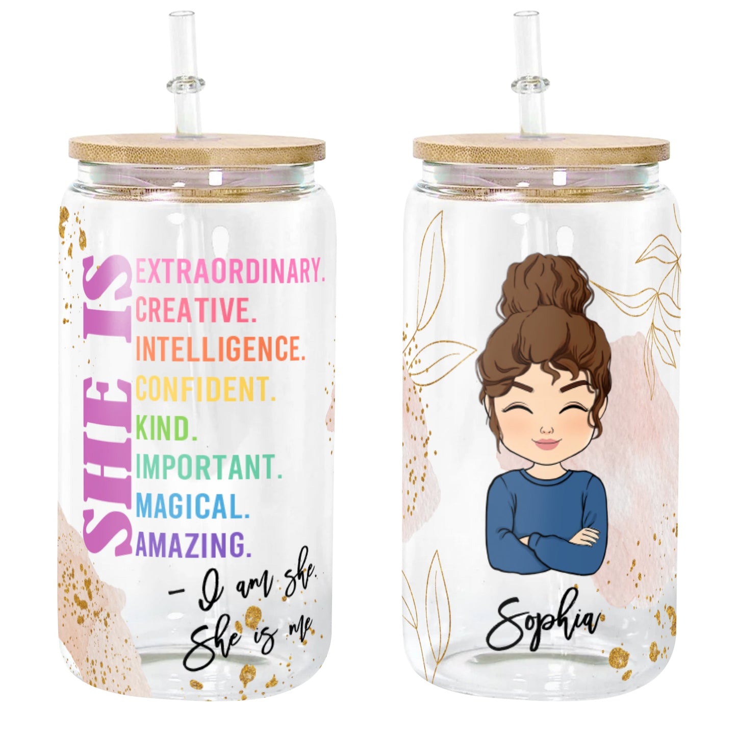 „She Is Me“-Glasflasche/Mattierte Flasche mit Deckel und Stroh, Geschenk für Tierliebhaber – personalisierte Glasflasche