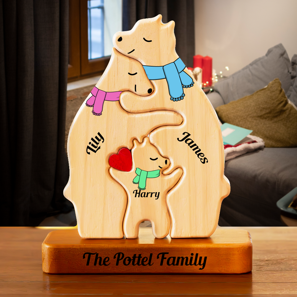 Color Scarf Style Personalized Wooden Bear Family Puzzle, Wooden Bear With Scarf, Christmas Family Keepsake Gifts