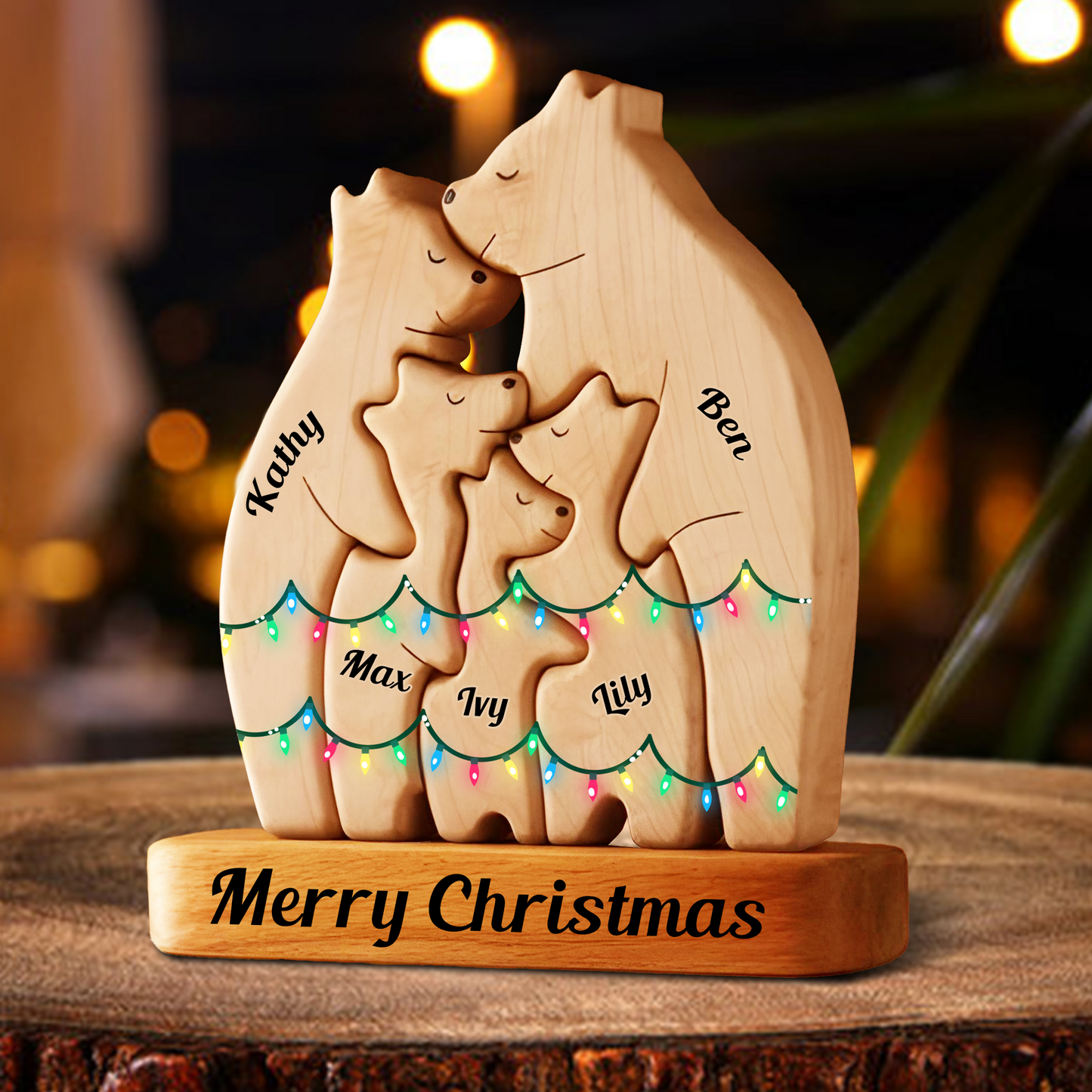 Christmas Wooden Bear Family Puzzle, Wooden Bear With Light, Christmas Family Keepsake Gifts