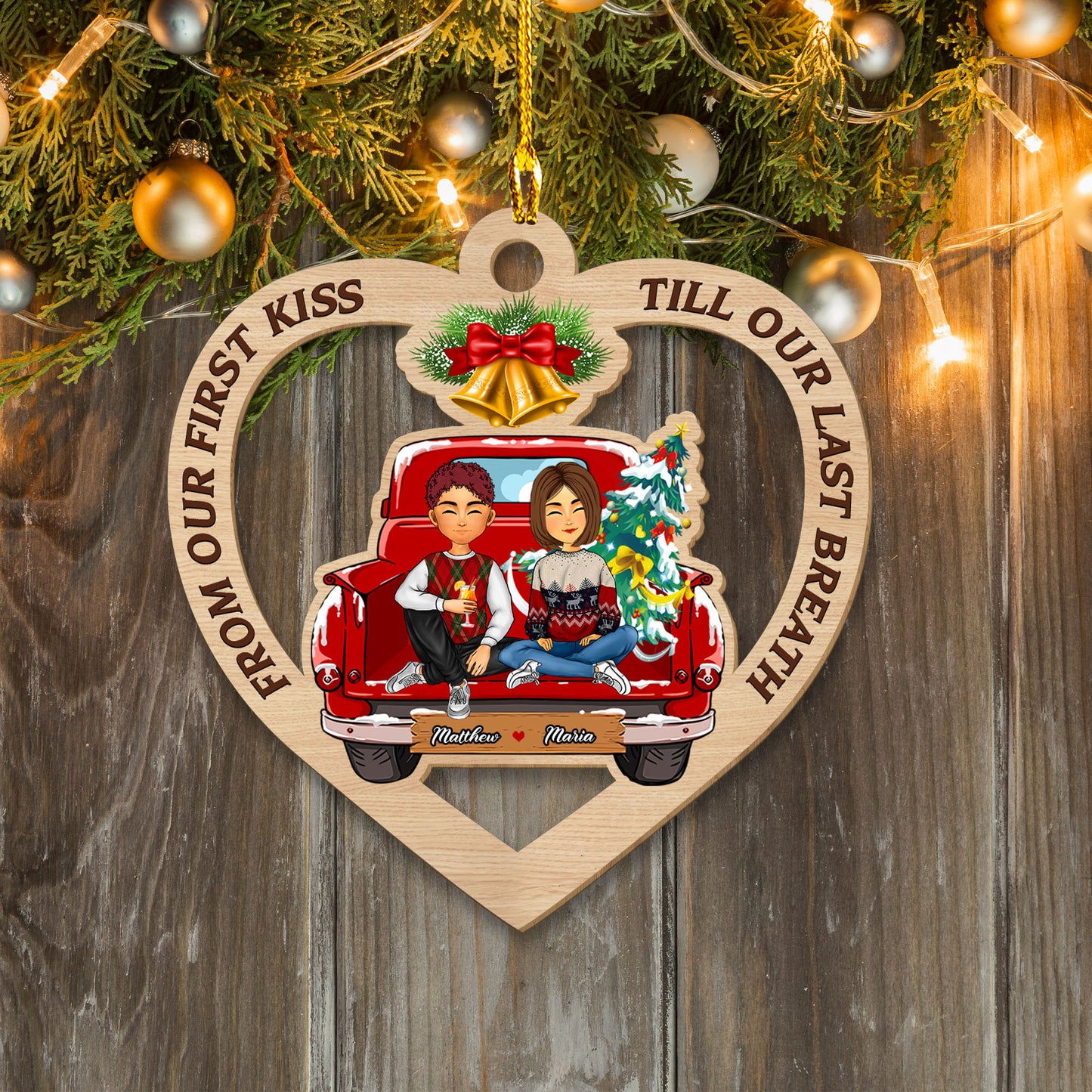 From Our First Kiss Christmas Ornament - Custom Shape Wood Ornament - 1 Layered Wood Ornament