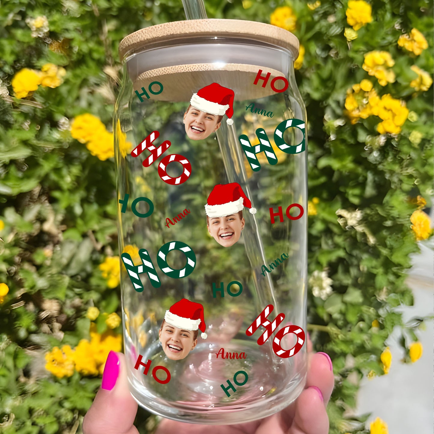 Ho Ho Ho Weihnachtsflasche/Mattierte Flasche mit Deckel und Strohhalm - personalisierte Glasflasche