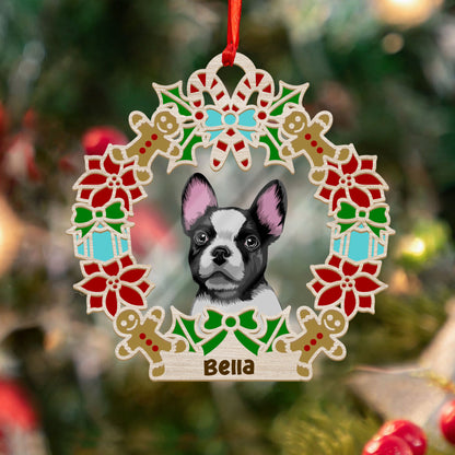 Wreath and Dog Holiday Christmas Ornament - Custom Shape Wood and Acrylic Ornament