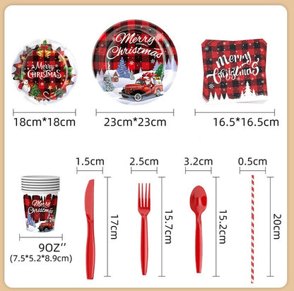 Christmas Plates and Napkins Set, Disposable Paper Plate Sets with Flag Tablecloth Balloon for Merry Christmas Party Supplies Serve 16