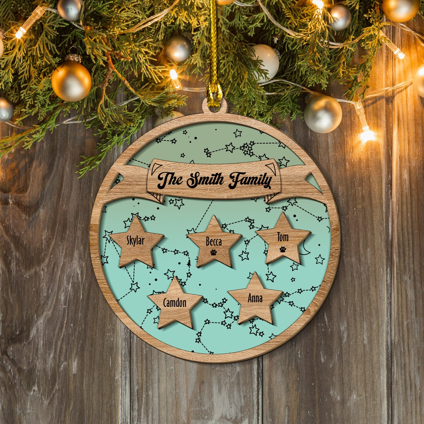 Star Sign Family Name Christmas Ornament - Custom Shape Wood Ornament - Wood Ornament 2 Layered