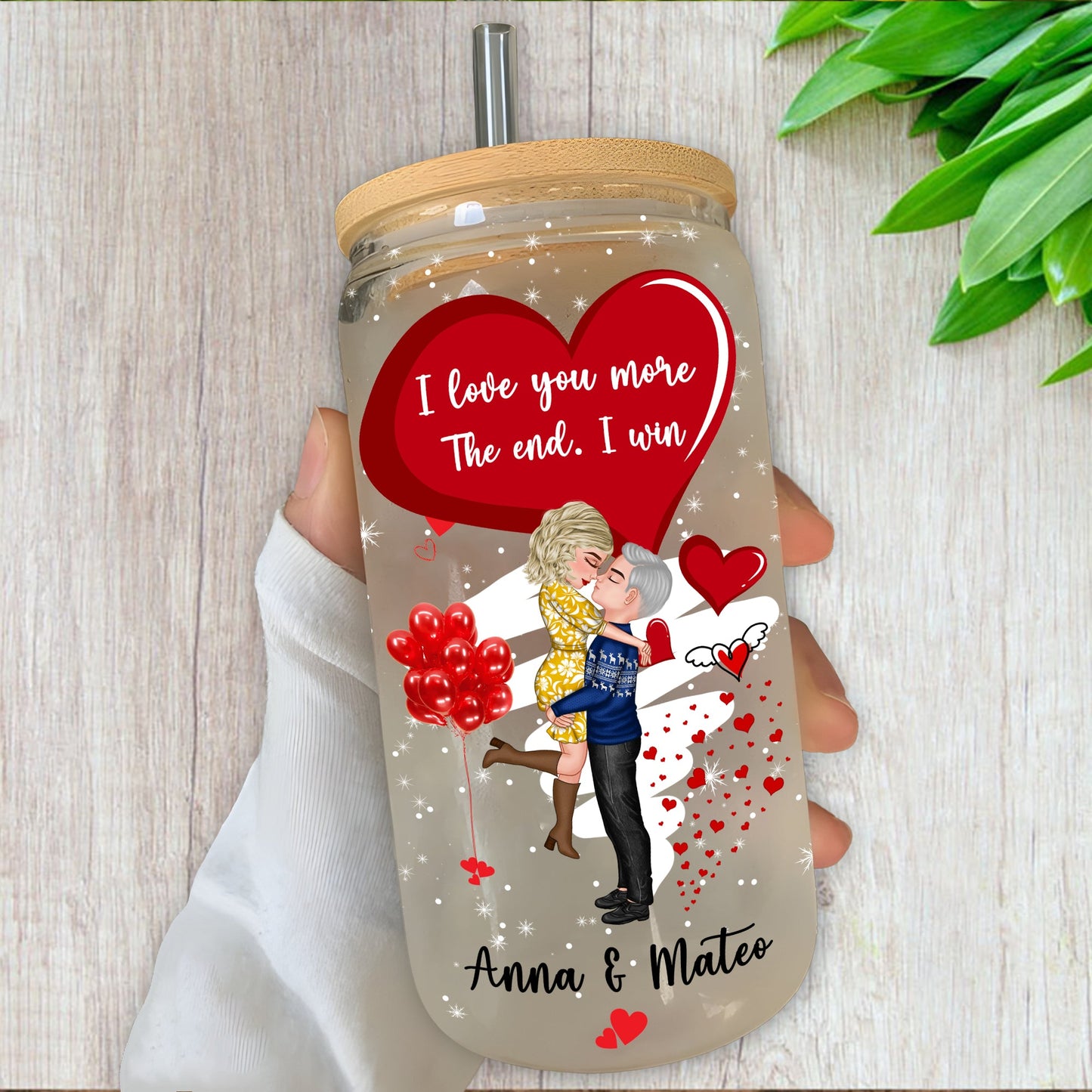 I Love You More Christmas Bottle/Frosted Bottle With Lid & Straw - Personalized Glass Bottle