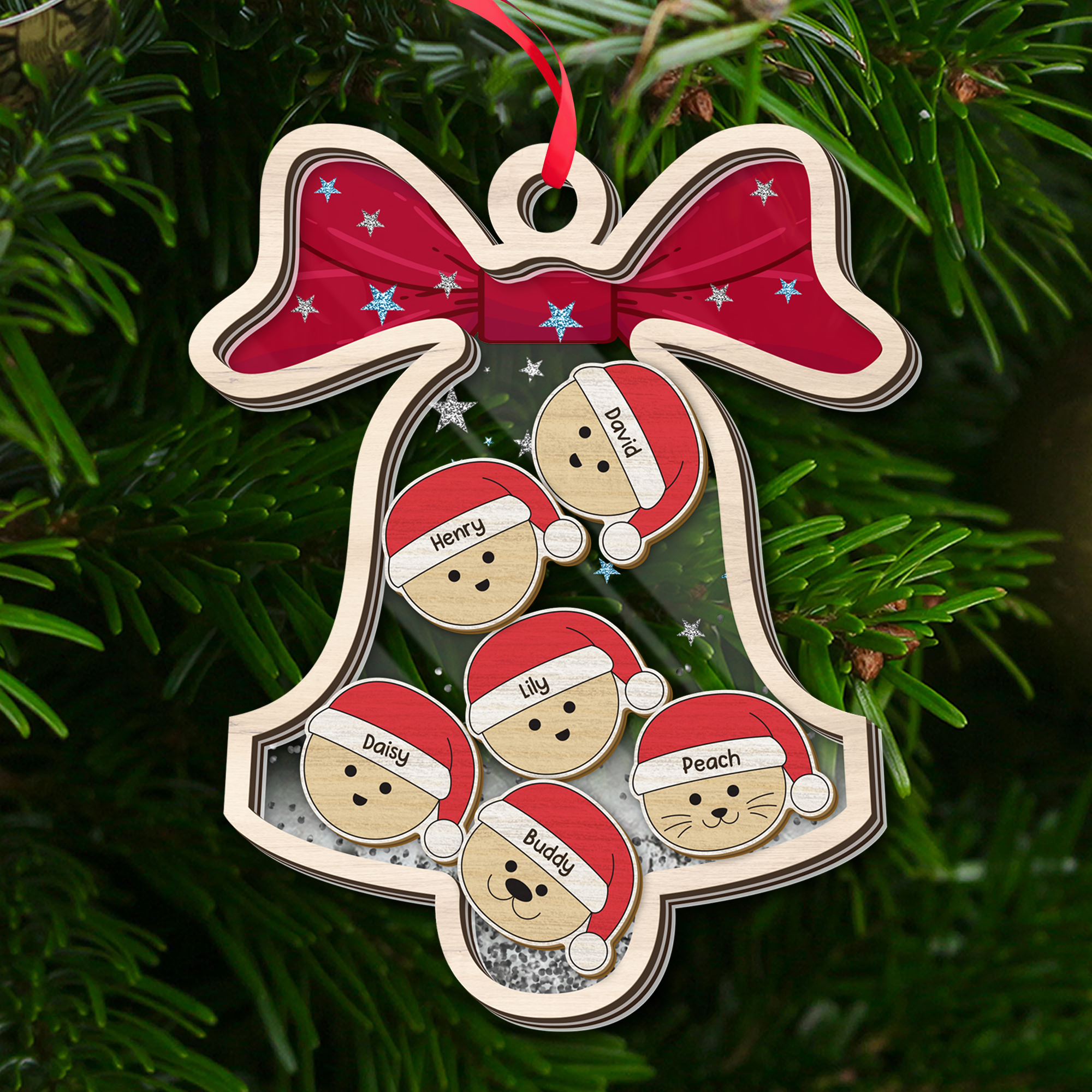 Family Bell 2023 Ornament With Christmas Hat Charm Family Gift - Custom Glitter Shaker Ornament