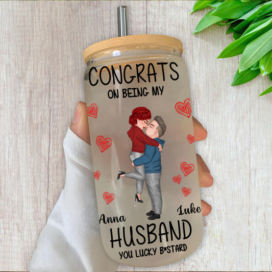 Congrats On Being My Husband Glass Bottle/Frosted Bottle With Lid & Straw, Pet Lover Gift - Personalized Glass Bottle