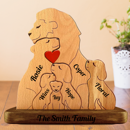 Personalisierte Löwenfamilie aus Holz - Puzzle Holzfamilie - Holzschnitzereien für Haustiere