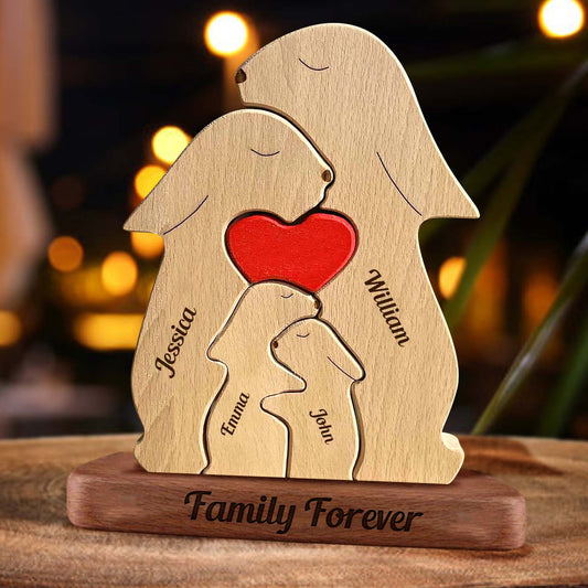 Personalized Rabbits With Hearts Wooden Family - Puzzle Wooden Family - Wooden Pet Carvings