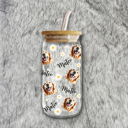 Sunflower Upload Face Dog Cat Glass Bottle/Frosted Bottle With Lid & Straw, Pet Lover Gift - Personalized Glass Bottle