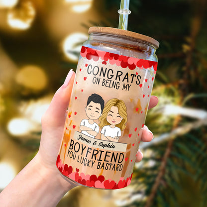 Glasflasche mit der Aufschrift „Congrats On Being My Boyfriend“/Mattierte Flasche mit Deckel und Strohhalm – personalisierte Glasflasche