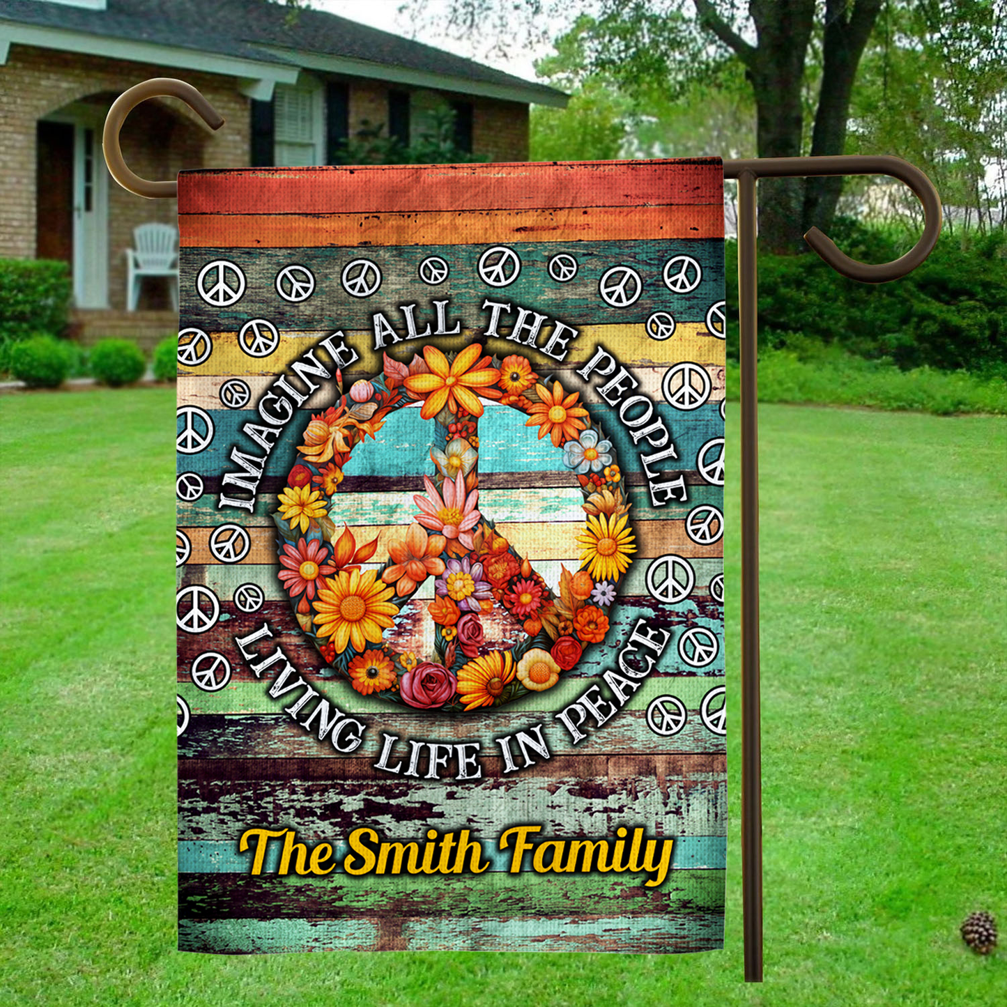 Custom Family Name Peace Sign Hippie Flag - Imagine All The People Living Life In Peace Garden Flag - Inspirational Yard Outside Decorations