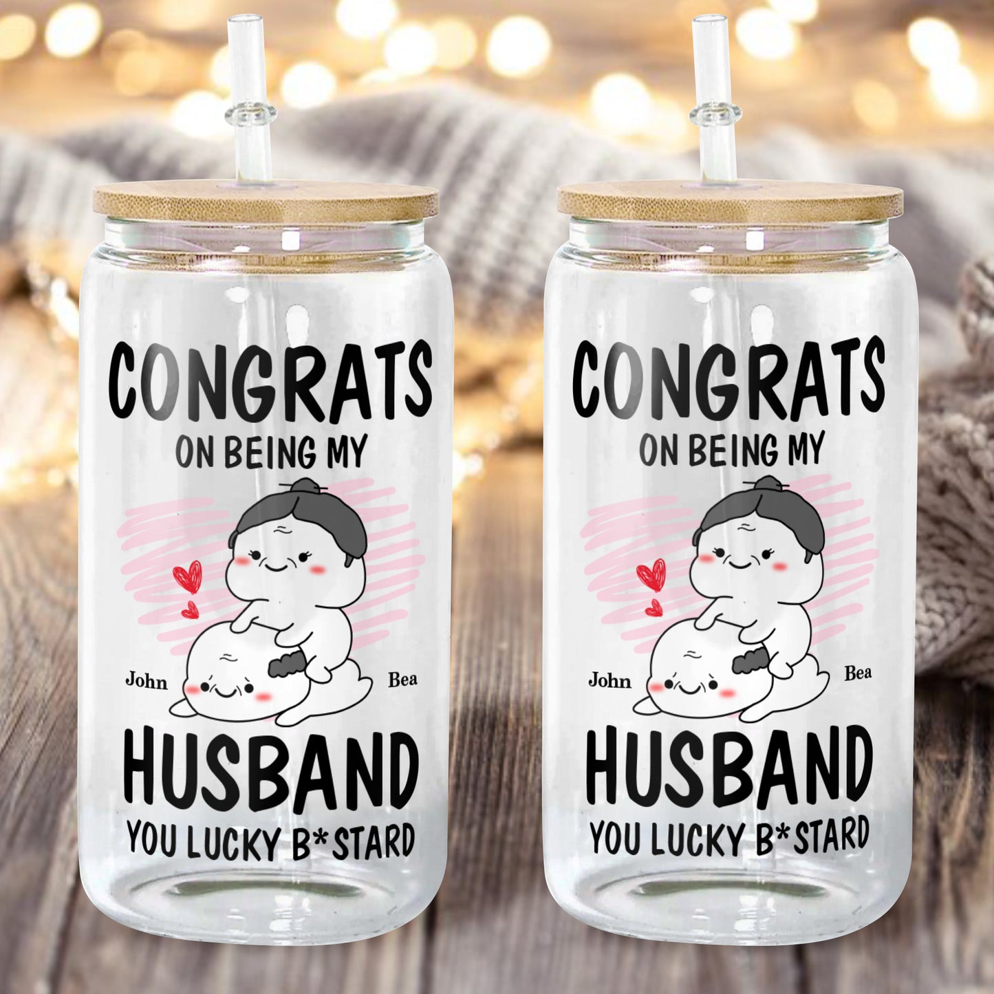 Congrats On Being My Husband Anniversary Gift For Couple Glass Bottle/Frosted Bottle With Lid & Straw - Personalized Glass Bottle