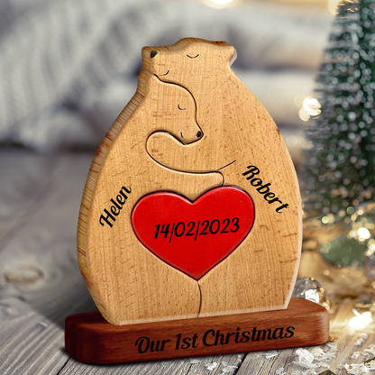 Personalisiertes Holzbärenpaar aus Holz - Puzzle Holzbärenfamilie - Holzschnitzereien für Haustiere