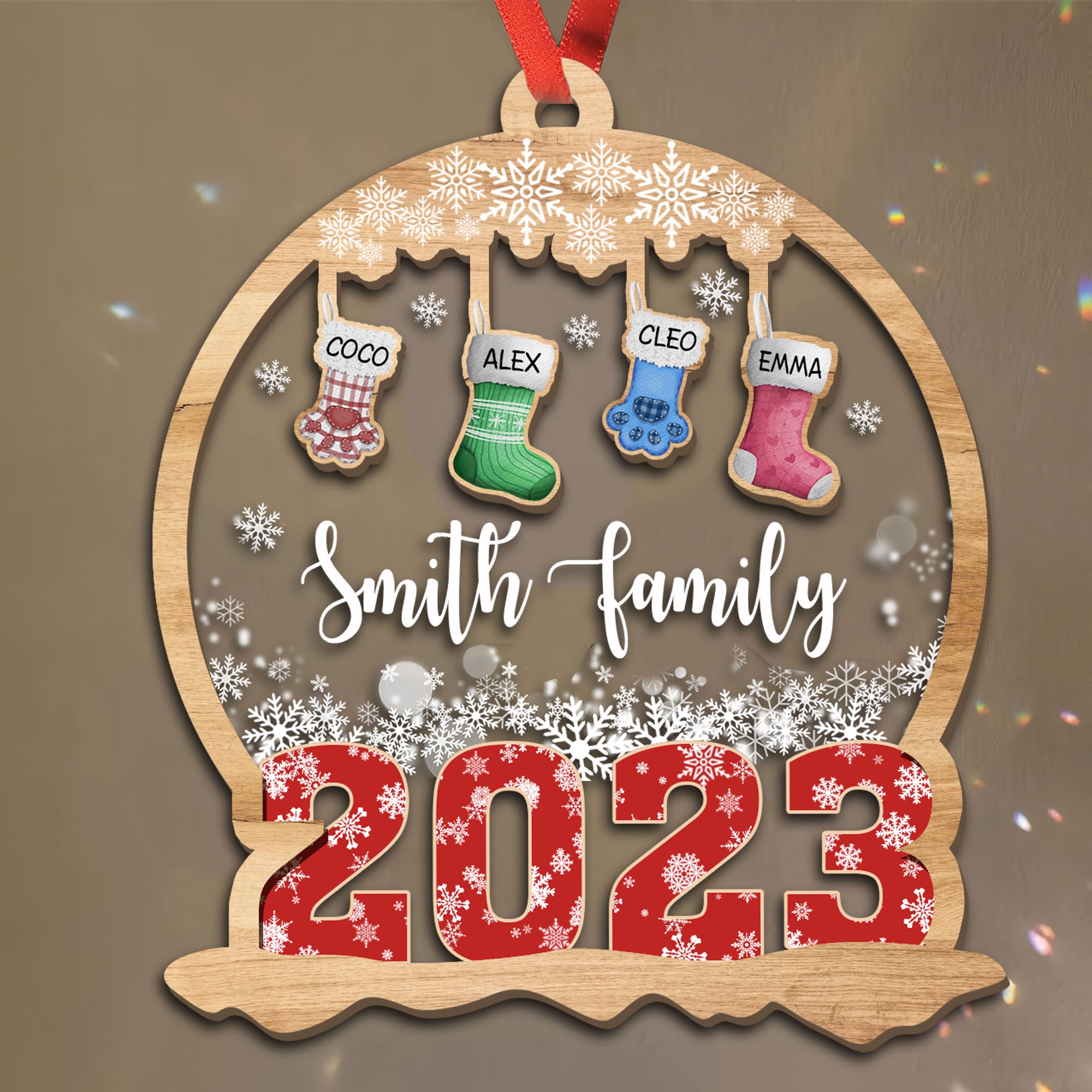 Family Name Stocking Ornament - Custom Shape Wood and Acrylic Ornament
