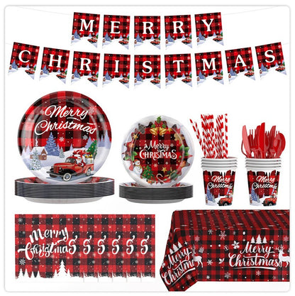 Christmas Plates and Napkins Set, Disposable Paper Plate Sets with Flag Tablecloth Balloon for Merry Christmas Party Supplies Serve 16