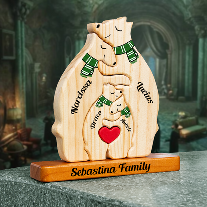 Color Scarf Personalized Wooden Bear Family Puzzle, Wooden Bear With Scarf, Christmas Family Keepsake Gifts