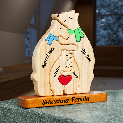 Color Scarf Style Personalized Wooden Bear Family Puzzle, Wooden Bear With Scarf, Christmas Family Keepsake Gifts