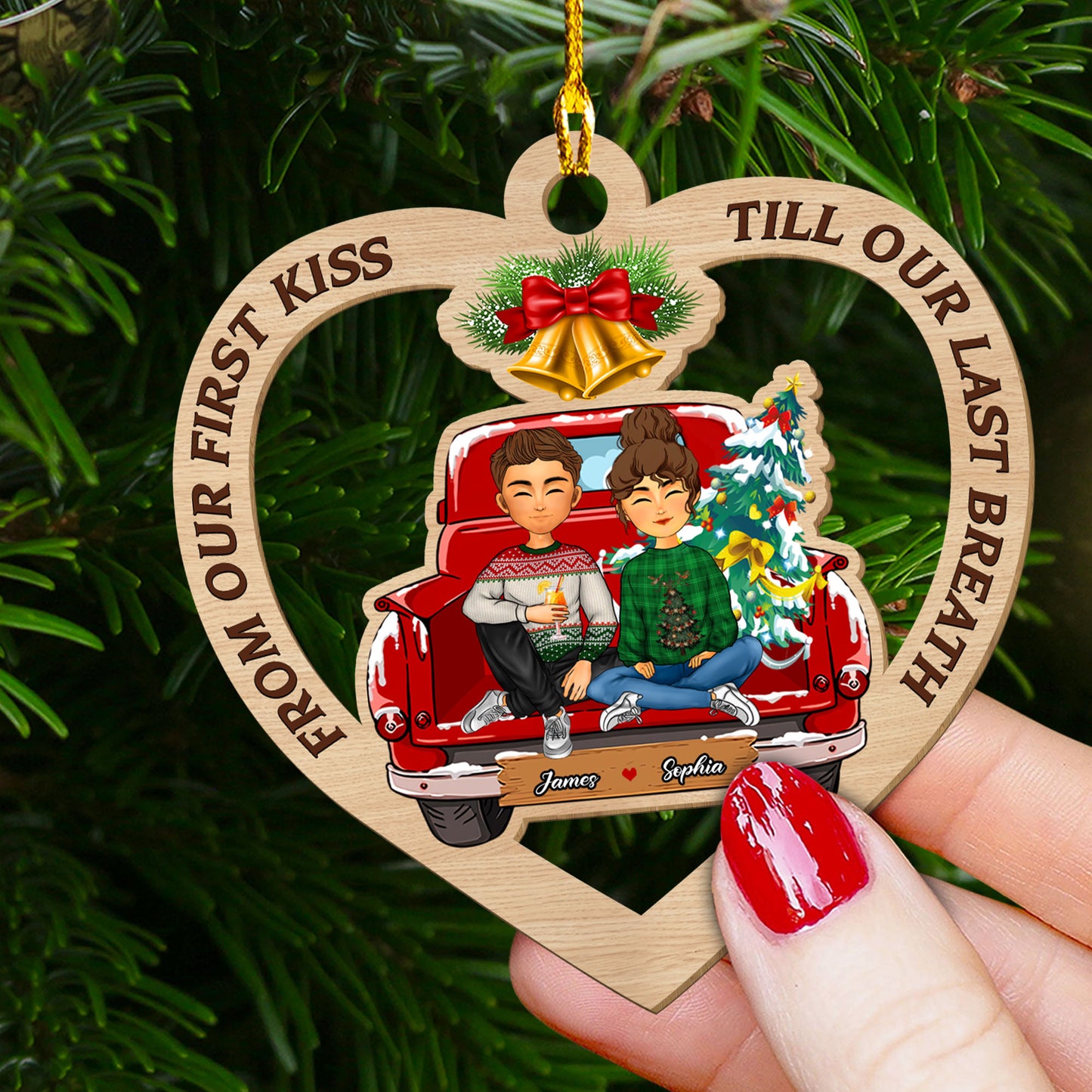 From Our First Kiss Christmas Ornament - Custom Shape Wood Ornament - 1 Layered Wood Ornament